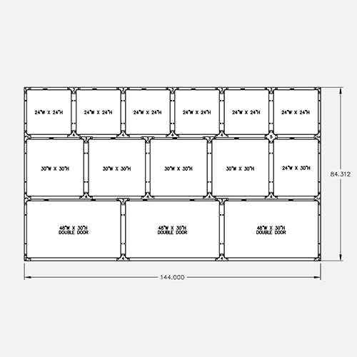 144″W 84″H, 3-Tier, 14-Cage Configuration