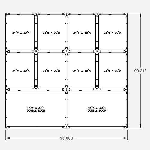 96″W 90″H, 3-Tier, 10-Cage Configuration